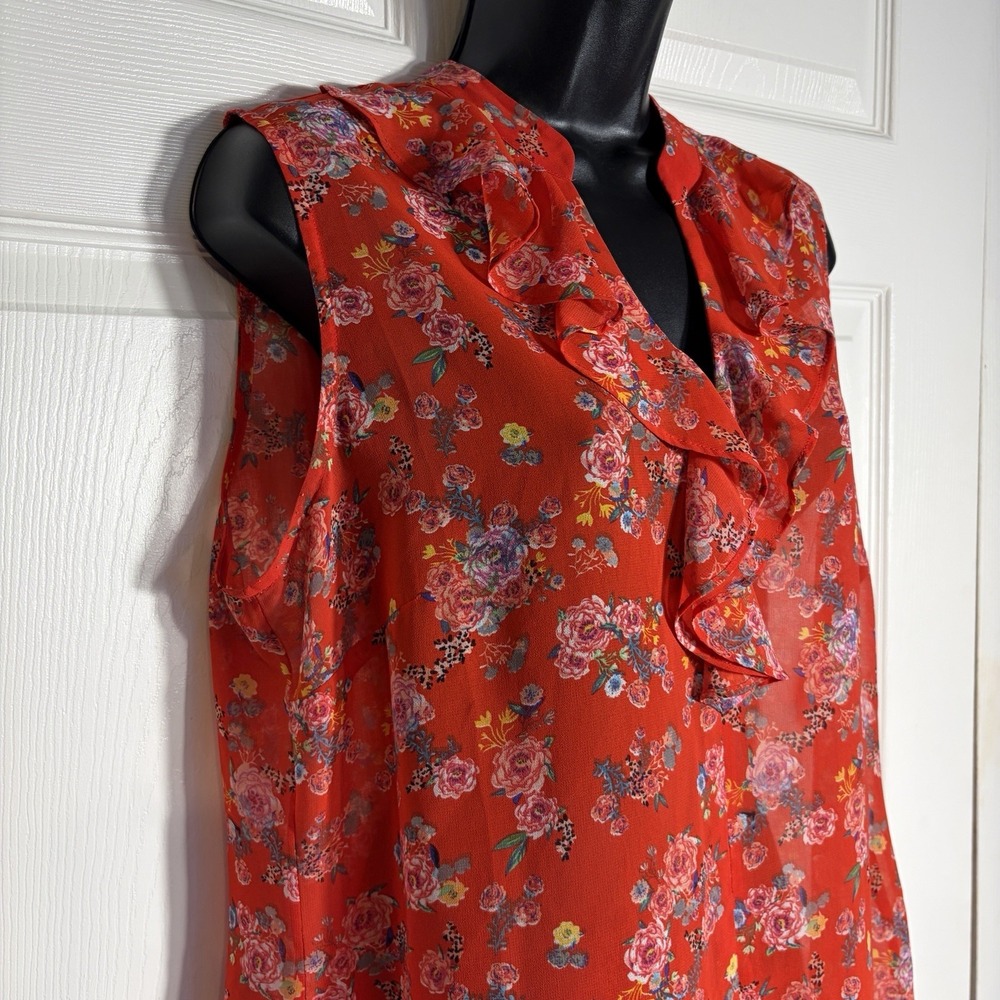 CABI Crush Floral Chiffon Shirt Women M Red Sheer Ruffle V Neck Sleeveless Top - Picture 2 of 11